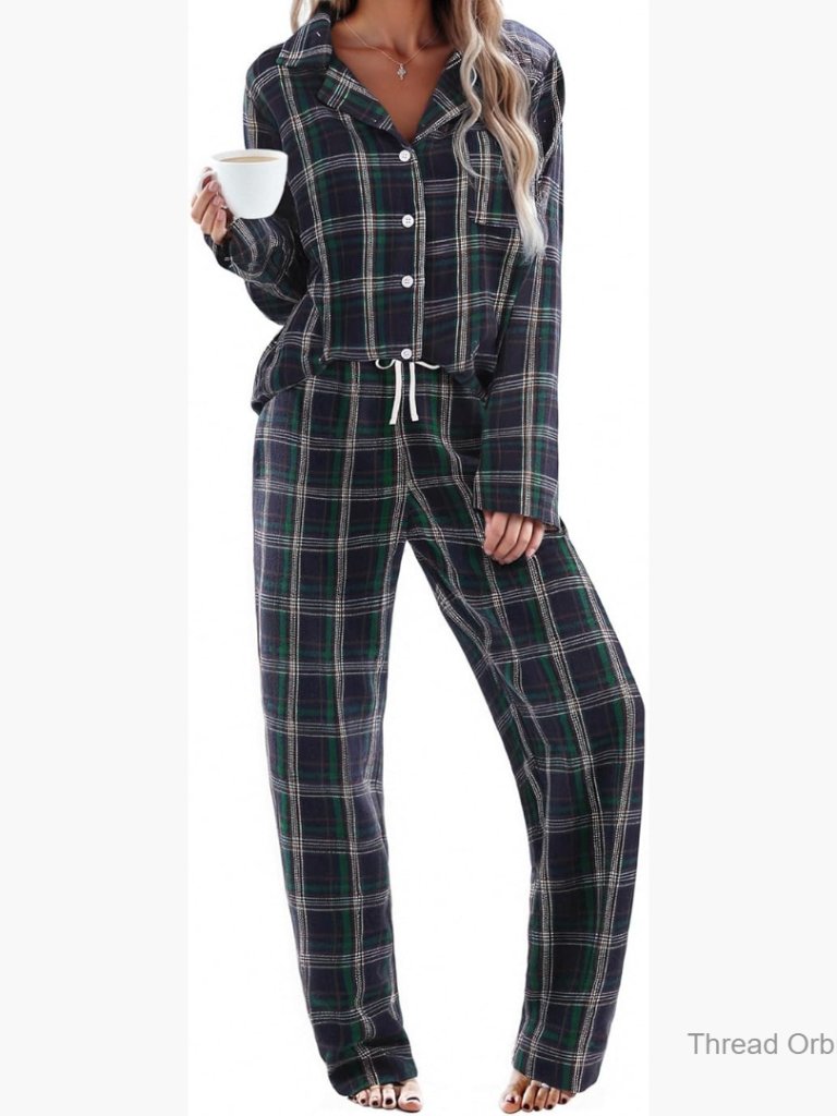 Cotton Plaid Pajama Set Long Sleeve Button Down With Pockets